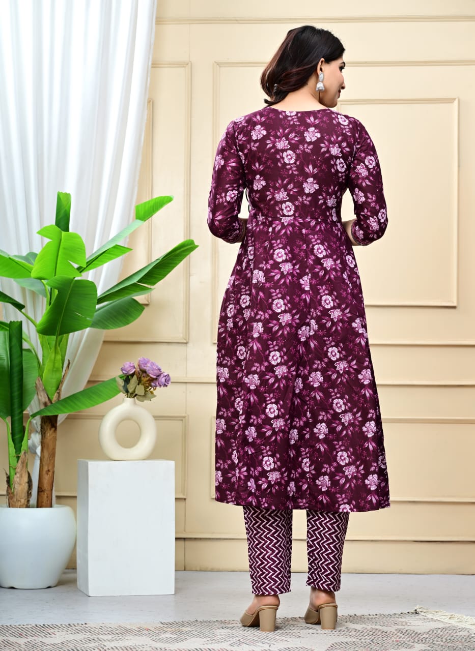 Floral Embroidered A-Line Pure Cotton Kurta & Trousers Sets