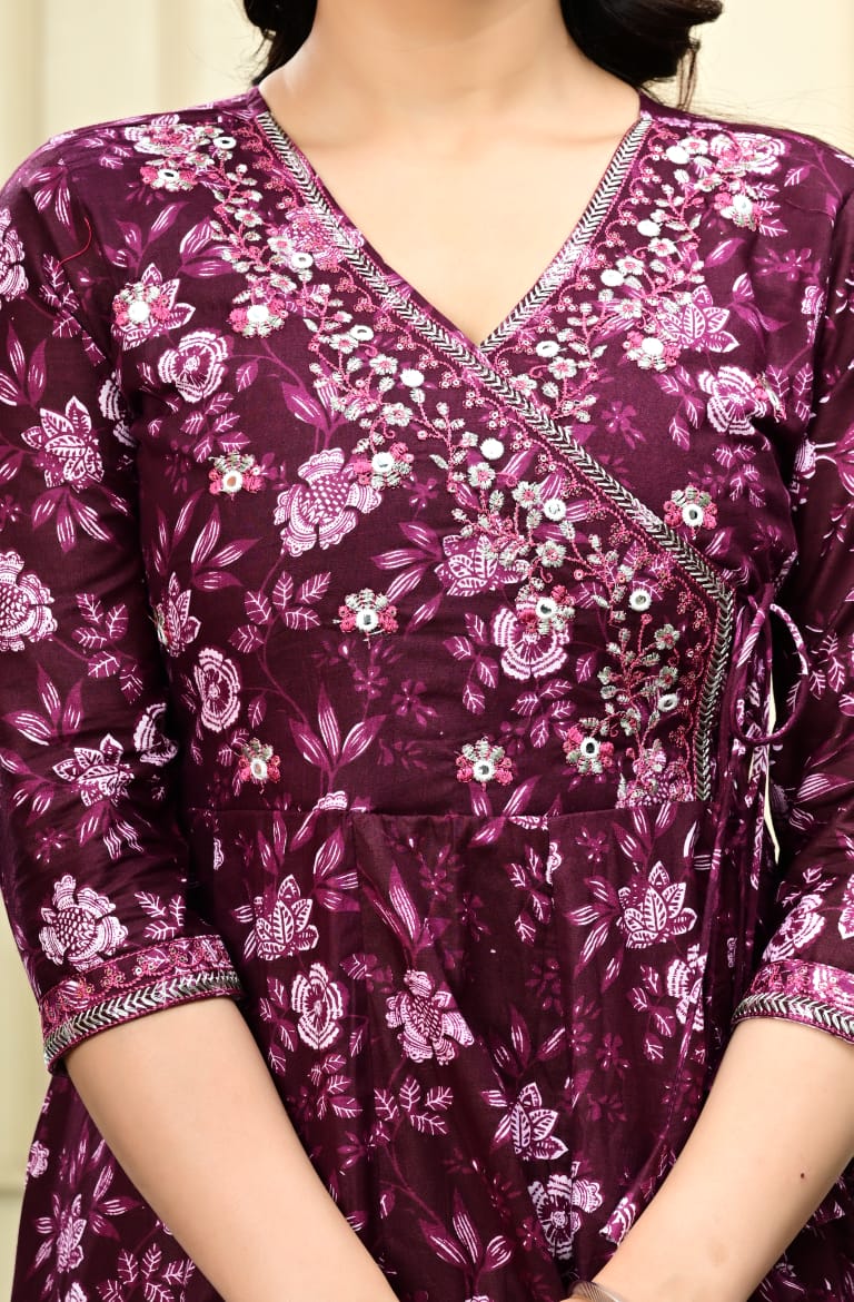 Floral Embroidered A-Line Pure Cotton Kurta & Trousers Sets