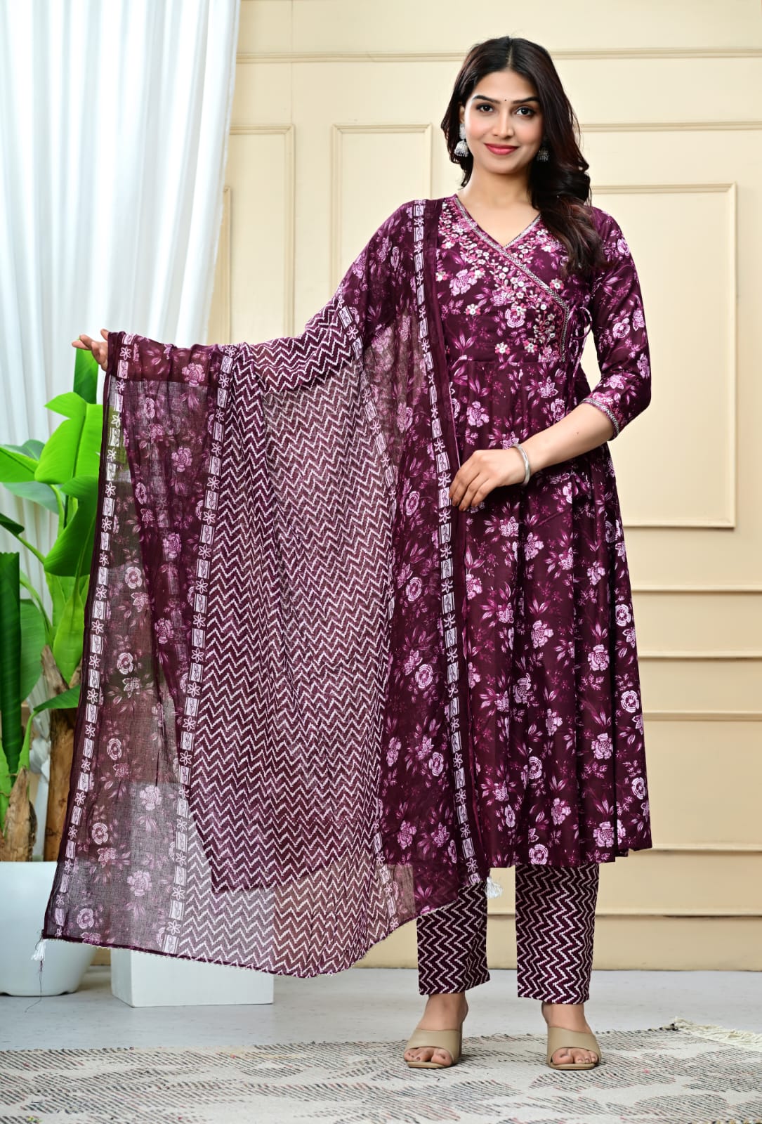 Floral Embroidered A-Line Pure Cotton Kurta & Trousers Sets