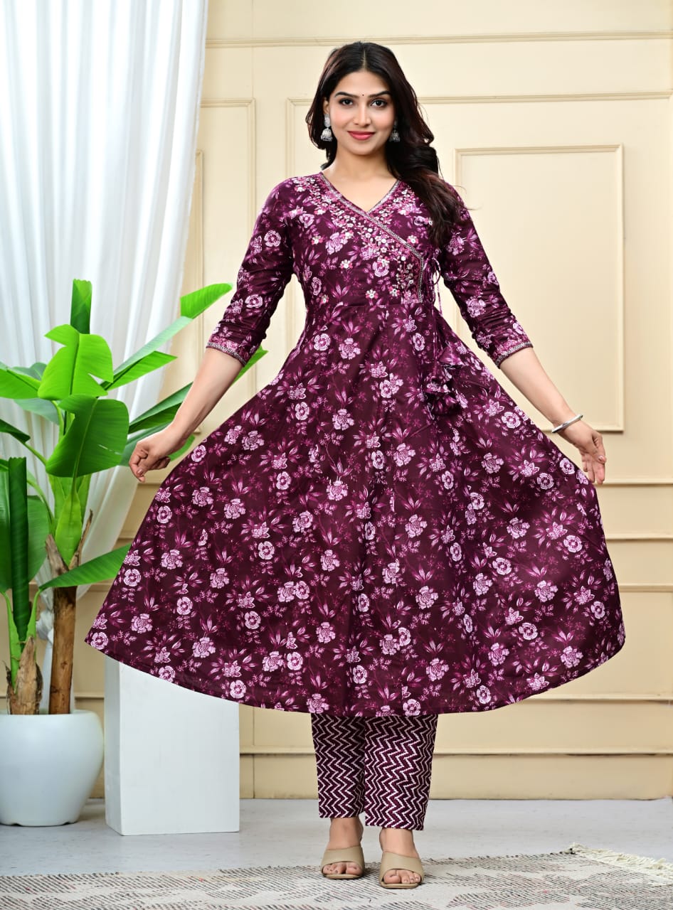 Floral Embroidered A-Line Pure Cotton Kurta & Trousers Sets