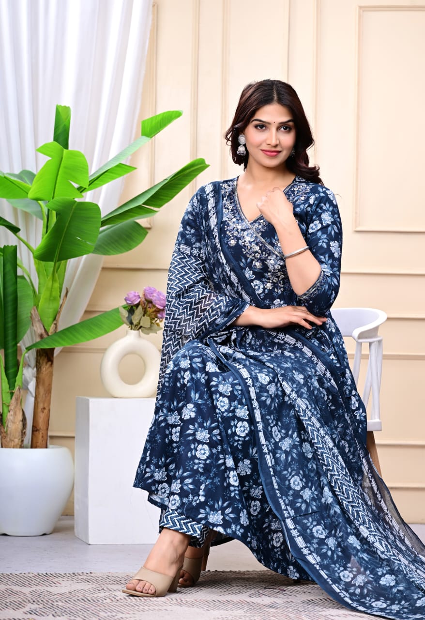 Floral Embroidered A-Line Pure Cotton Kurta & Trousers Sets