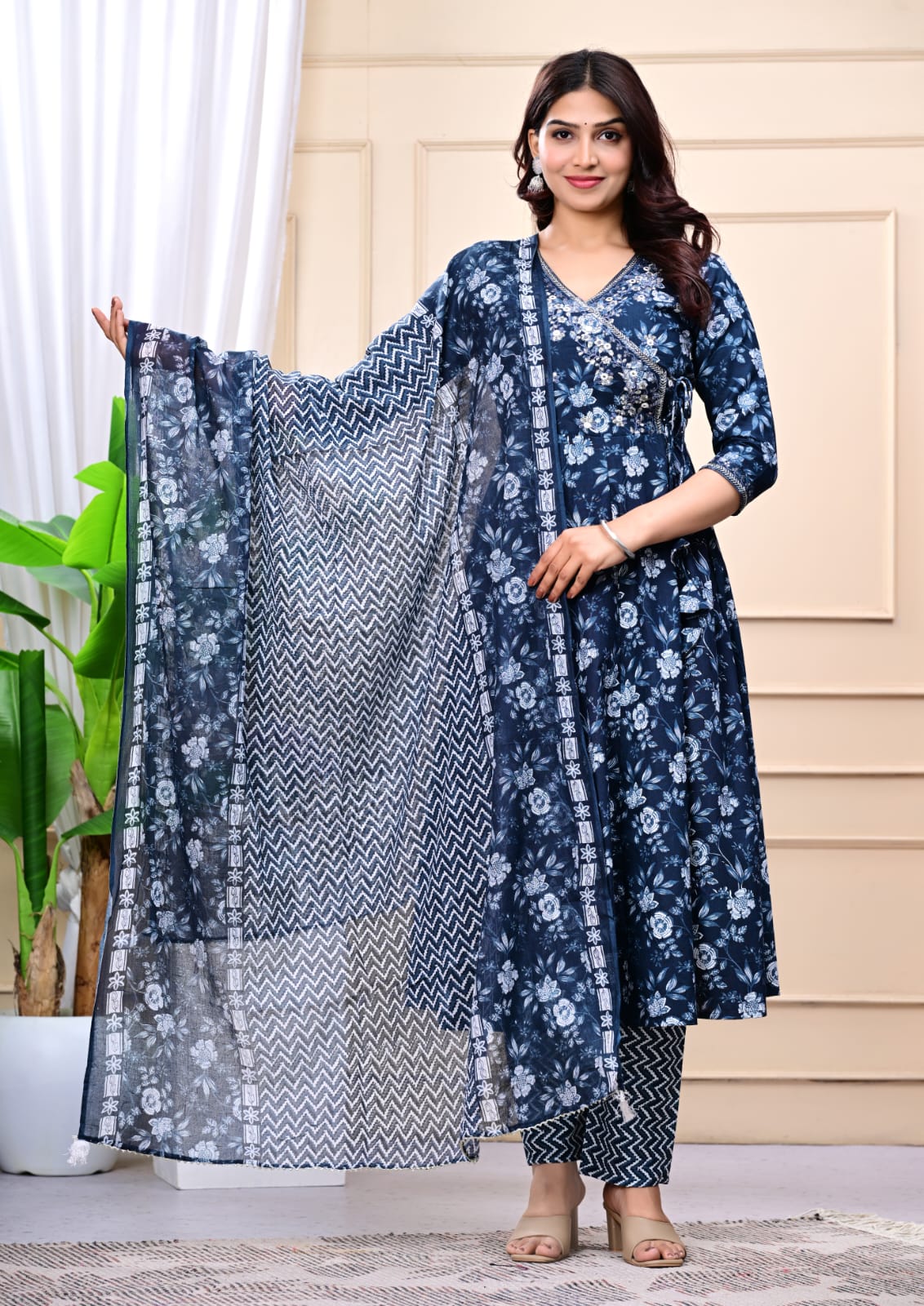Floral Embroidered A-Line Pure Cotton Kurta & Trousers Sets