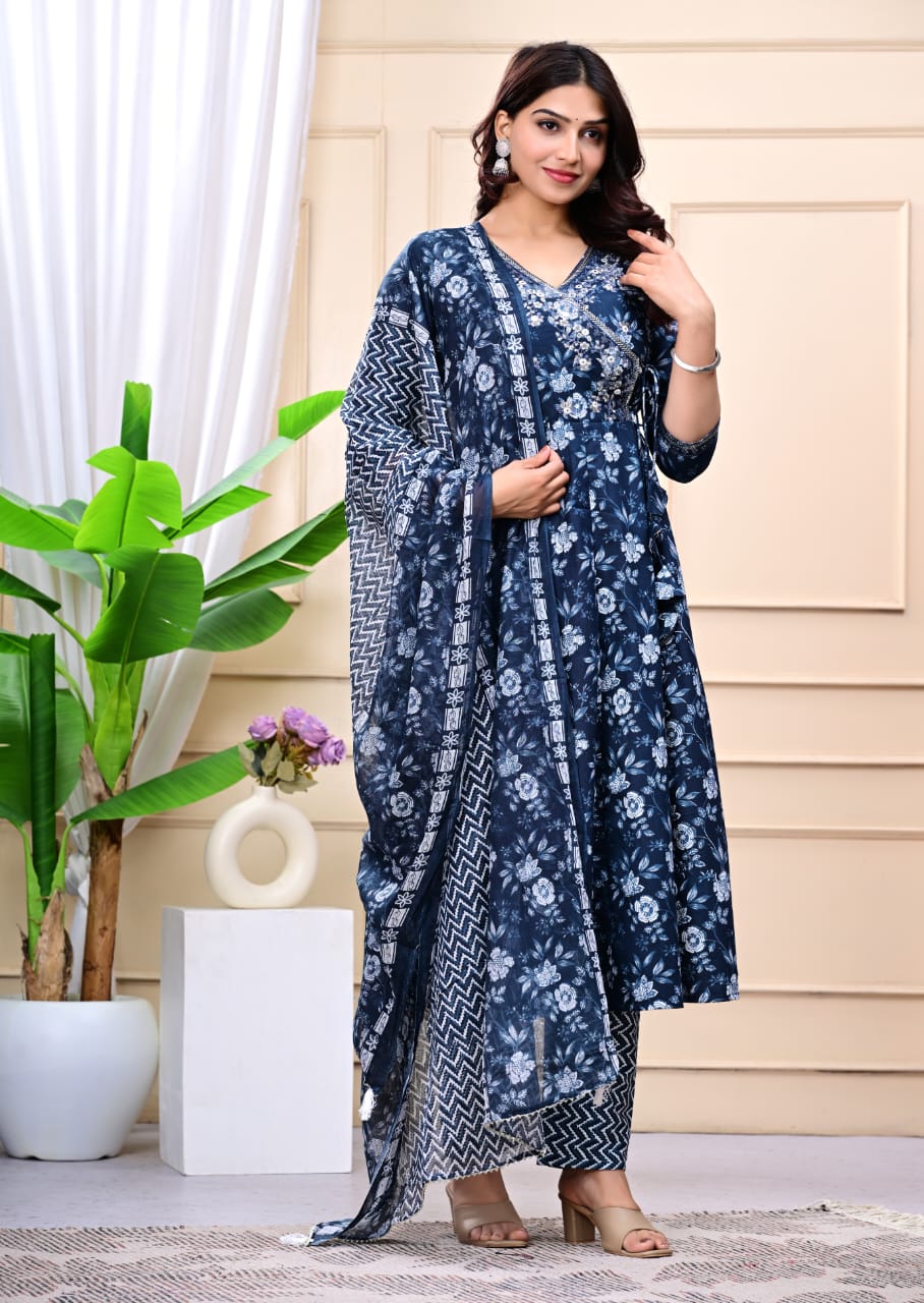Floral Embroidered A-Line Pure Cotton Kurta & Trousers Sets