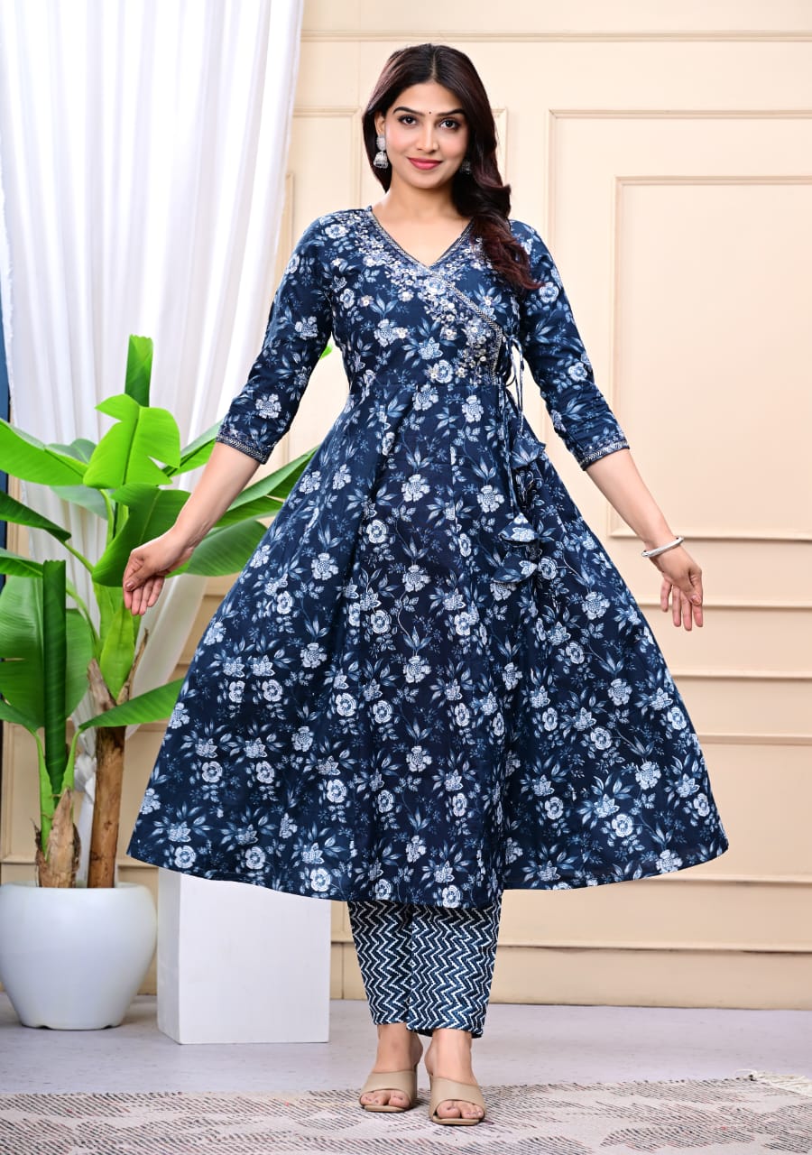 Floral Embroidered A-Line Pure Cotton Kurta & Trousers Sets