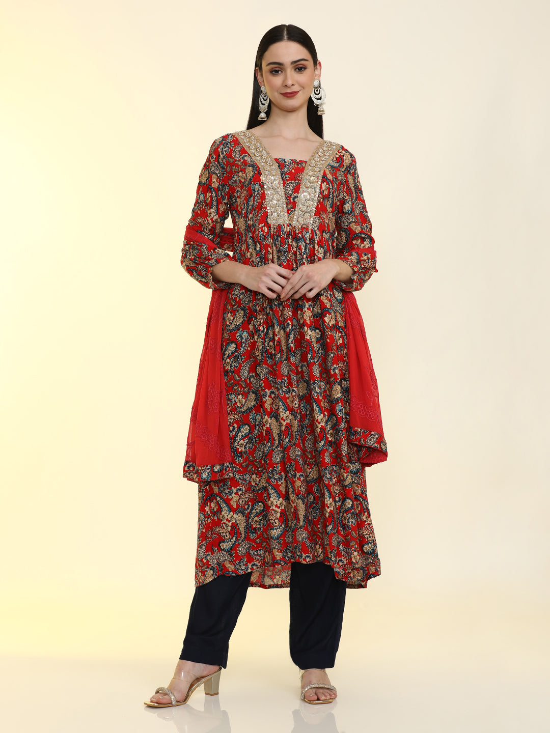 Floral Embroidered Anarkali Flared Kurta & Trousers Sets