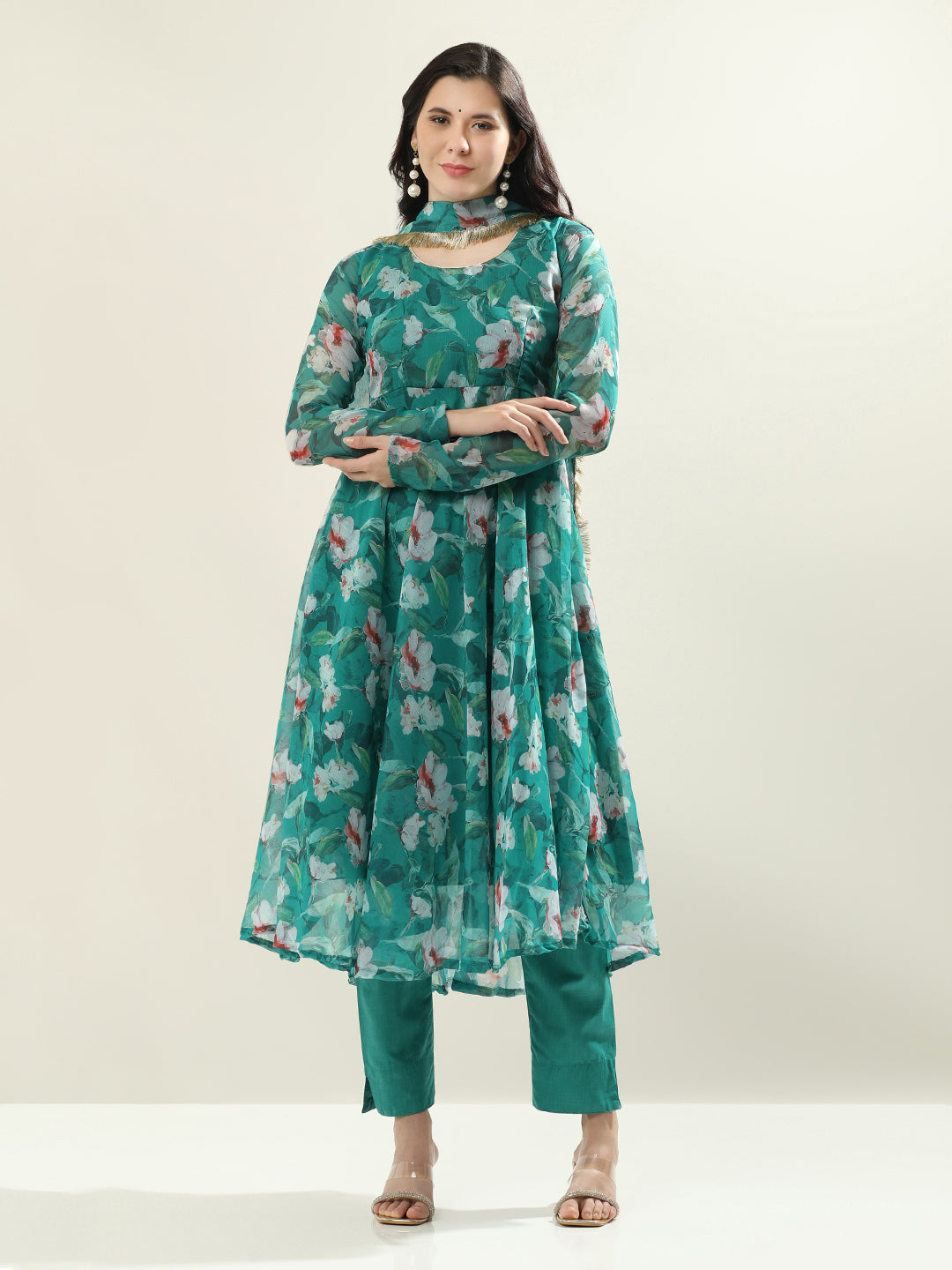 Floral Printed Anarkali Poly Chiffon Flared Kurta & Trousers Sets