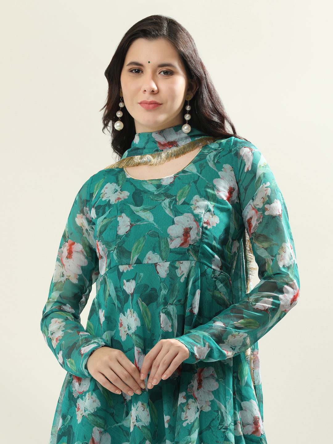 Floral Printed Anarkali Poly Chiffon Flared Kurta & Trousers Sets