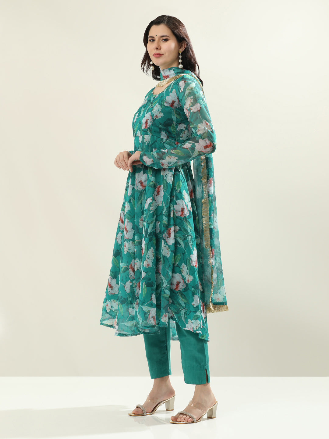 Floral Printed Anarkali Poly Chiffon Flared Kurta & Trousers Sets