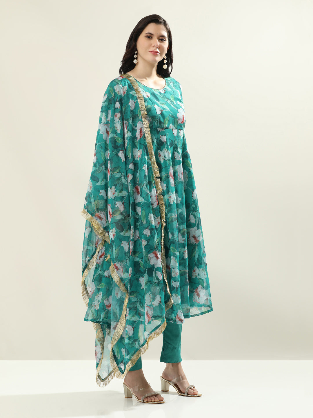 Floral Printed Anarkali Poly Chiffon Flared Kurta & Trousers Sets