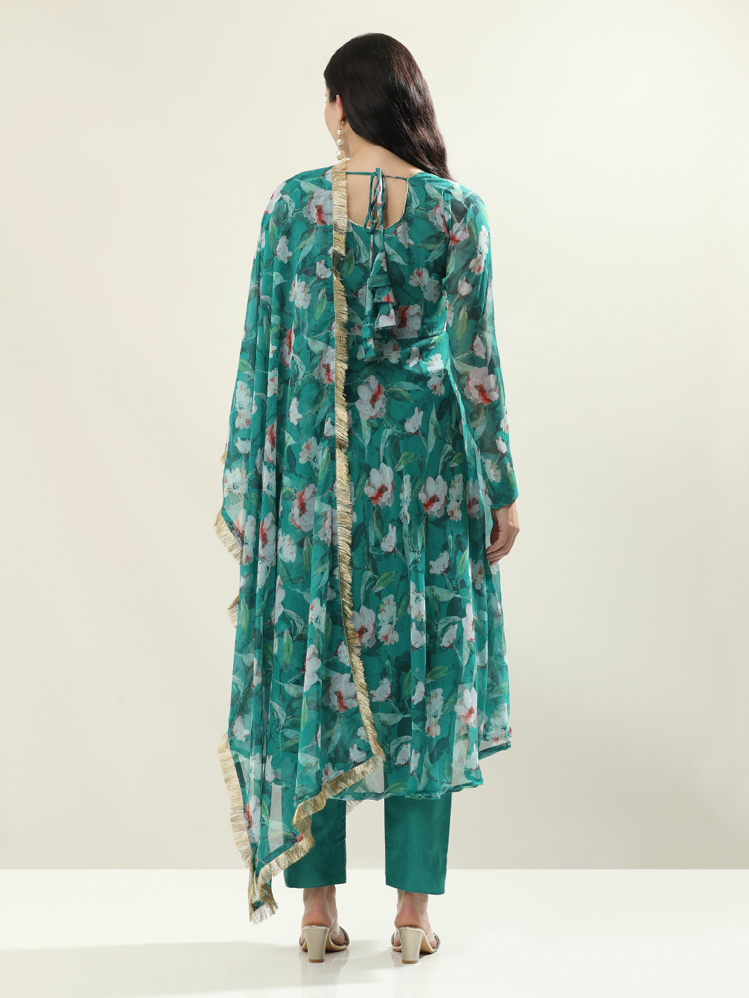 Floral Printed Anarkali Poly Chiffon Flared Kurta & Trousers Sets