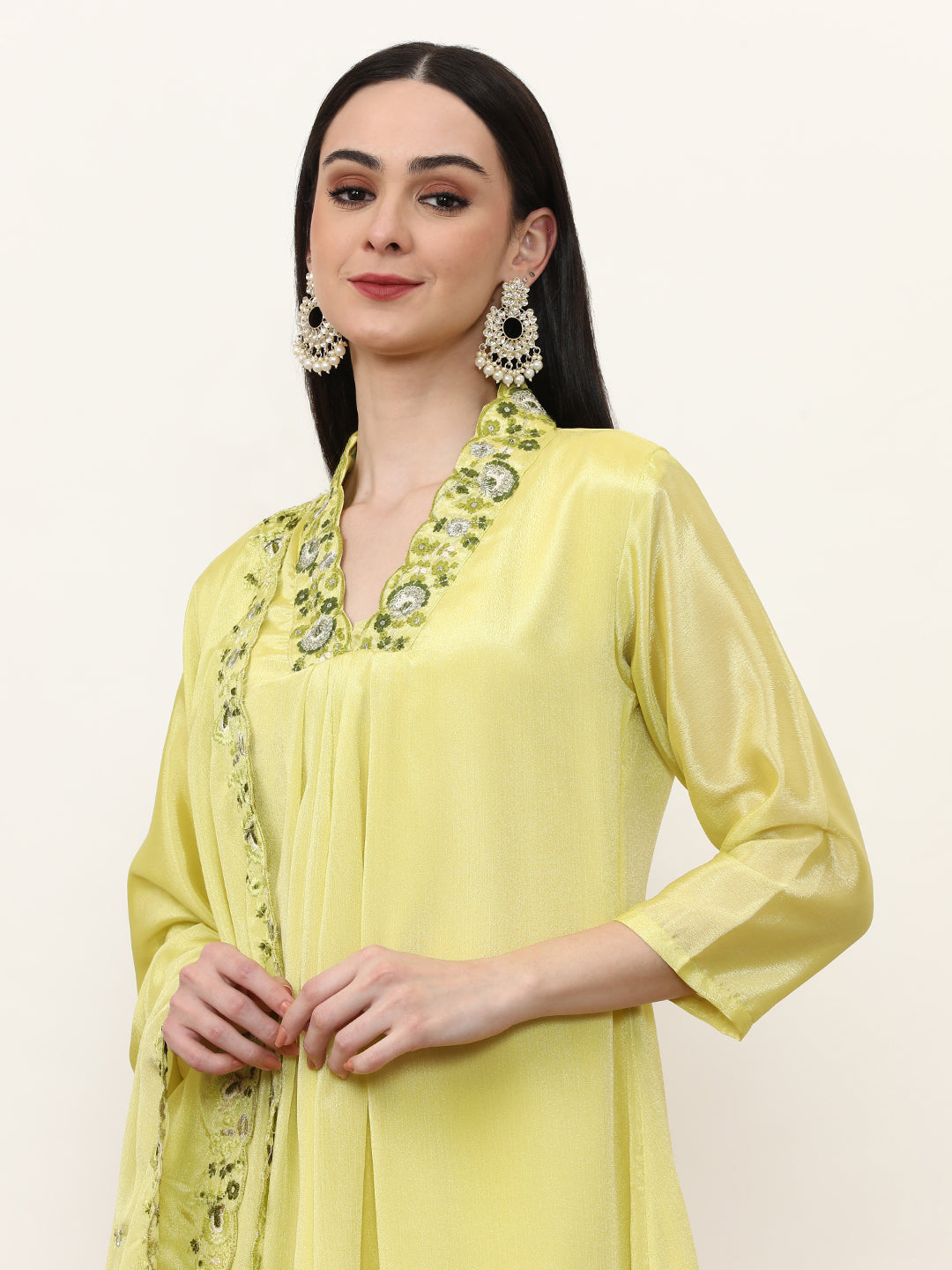Embroidered Chinon Ethnic Motifs Kurta Sets With Dupatta