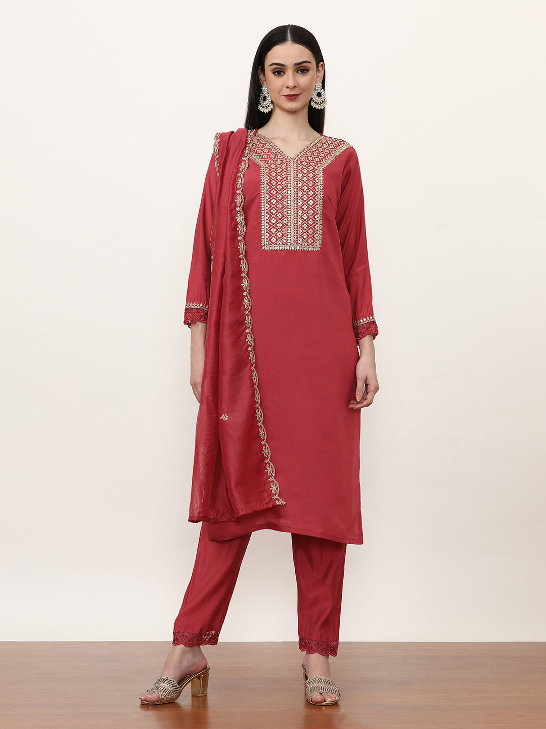 Embroidered Chanderi Silk Ethnic Motifs Kurta Sets With Dupatta