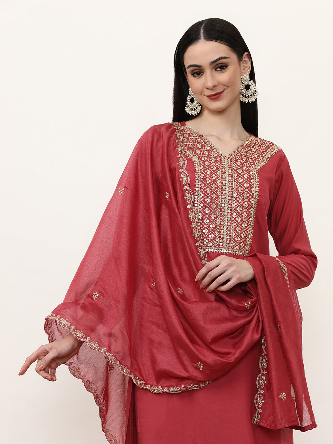 Embroidered Chanderi Silk Ethnic Motifs Kurta Sets With Dupatta