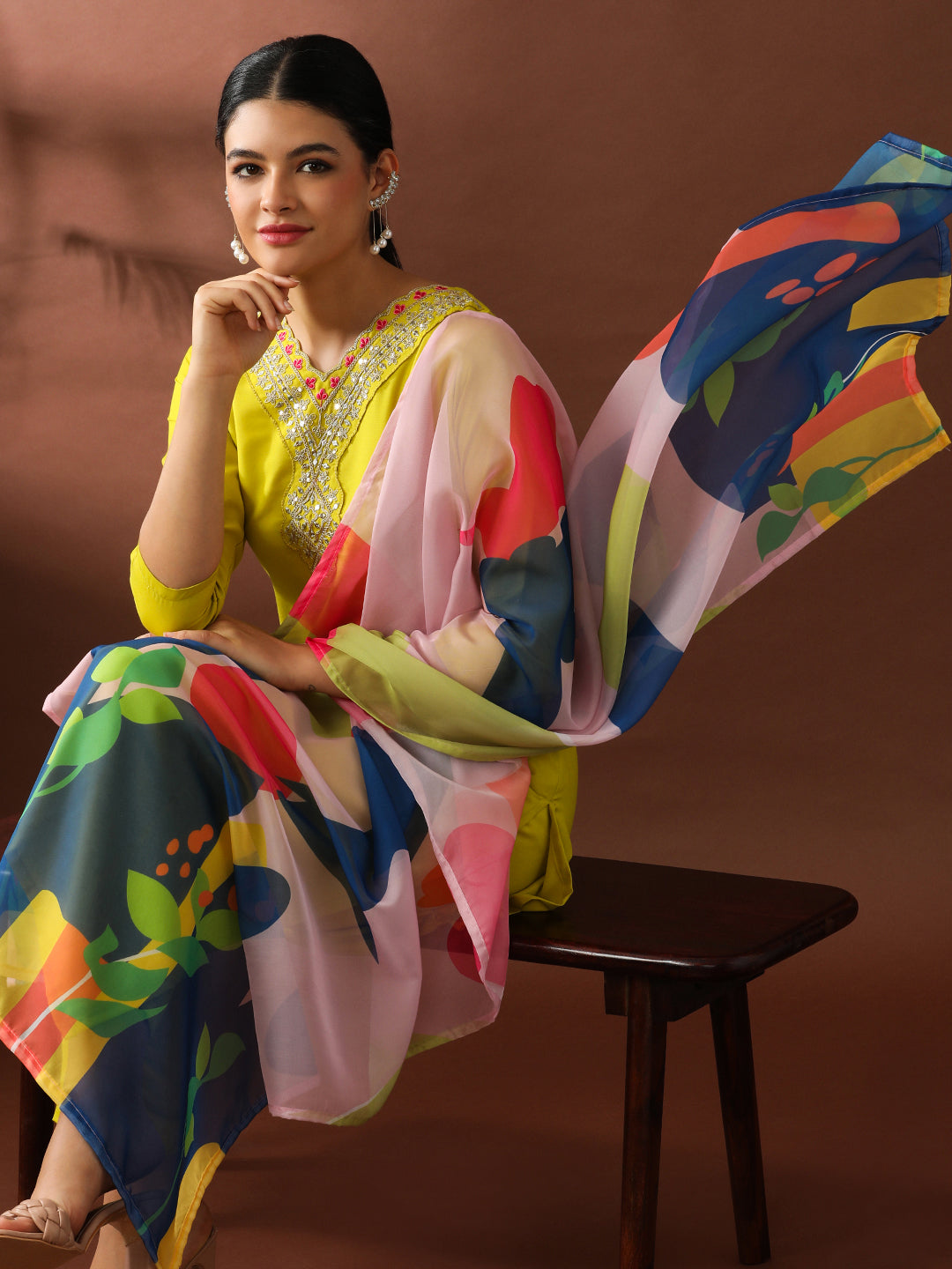 Floral Embroidered Straight Kurta & Trousers Sets
