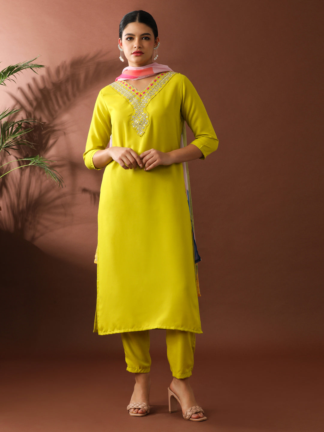 Floral Embroidered Straight Kurta & Trousers Sets
