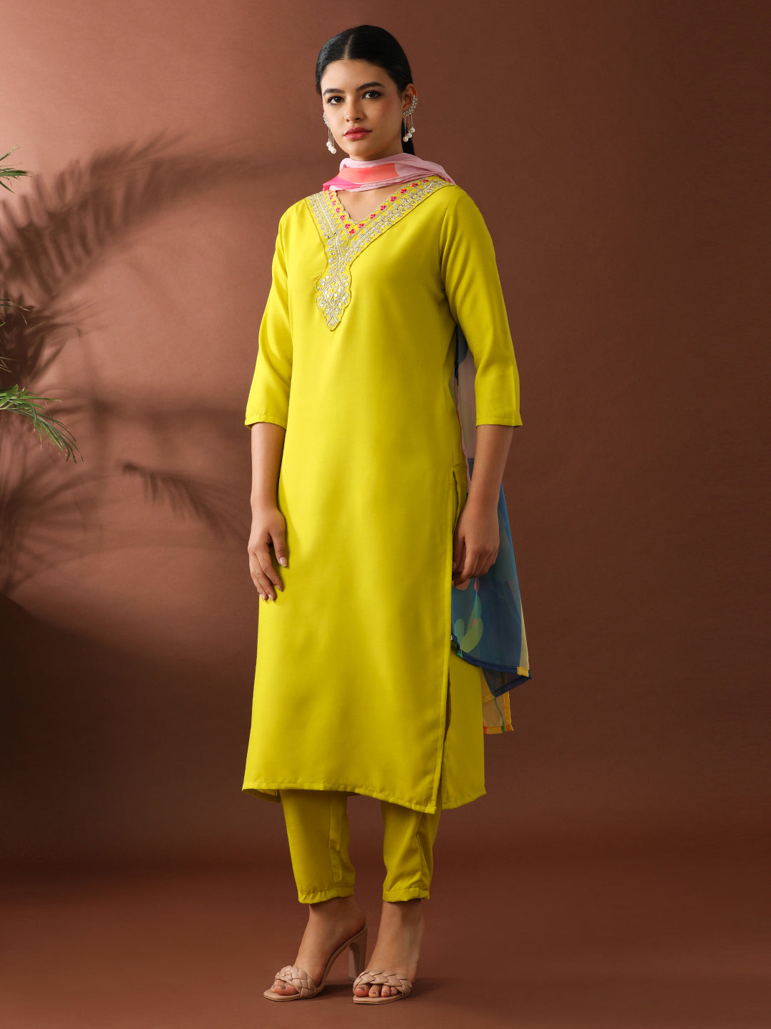 Floral Embroidered Straight Kurta & Trousers Sets