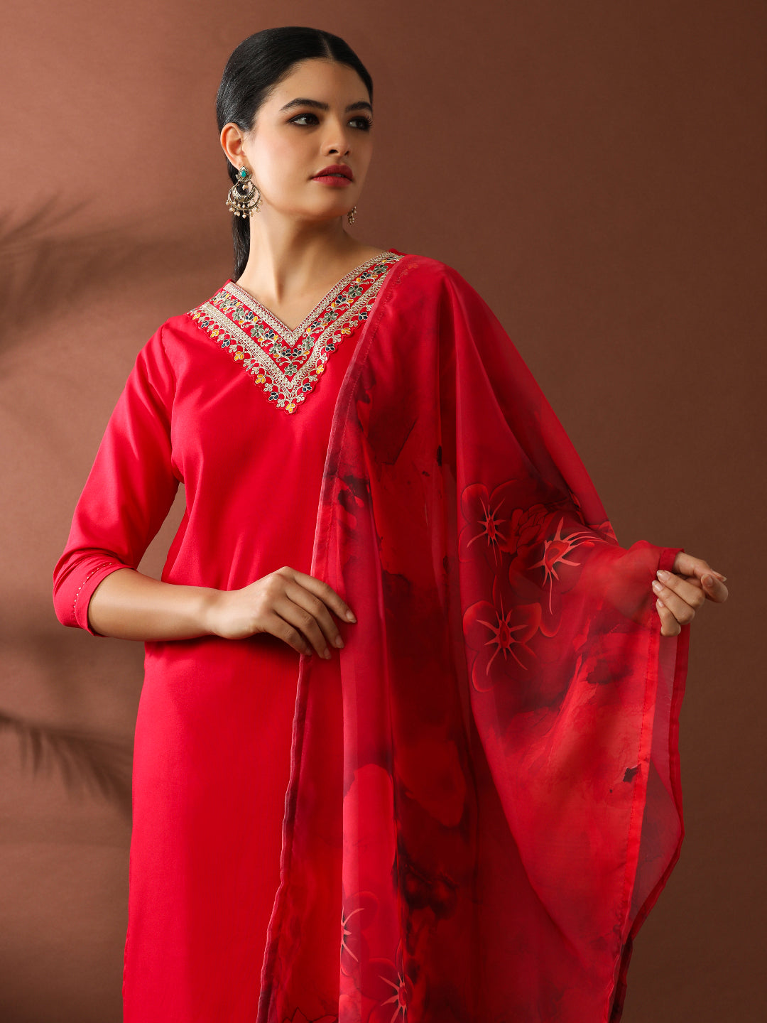 Solid Embroidered Straight Kurta & Trousers Sets