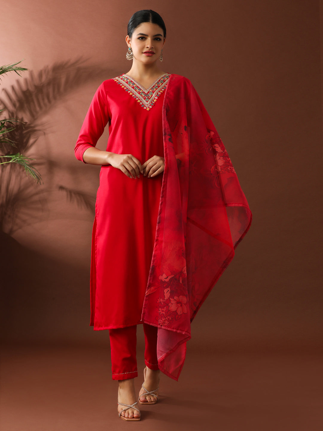 Solid Embroidered Straight Kurta & Trousers Sets