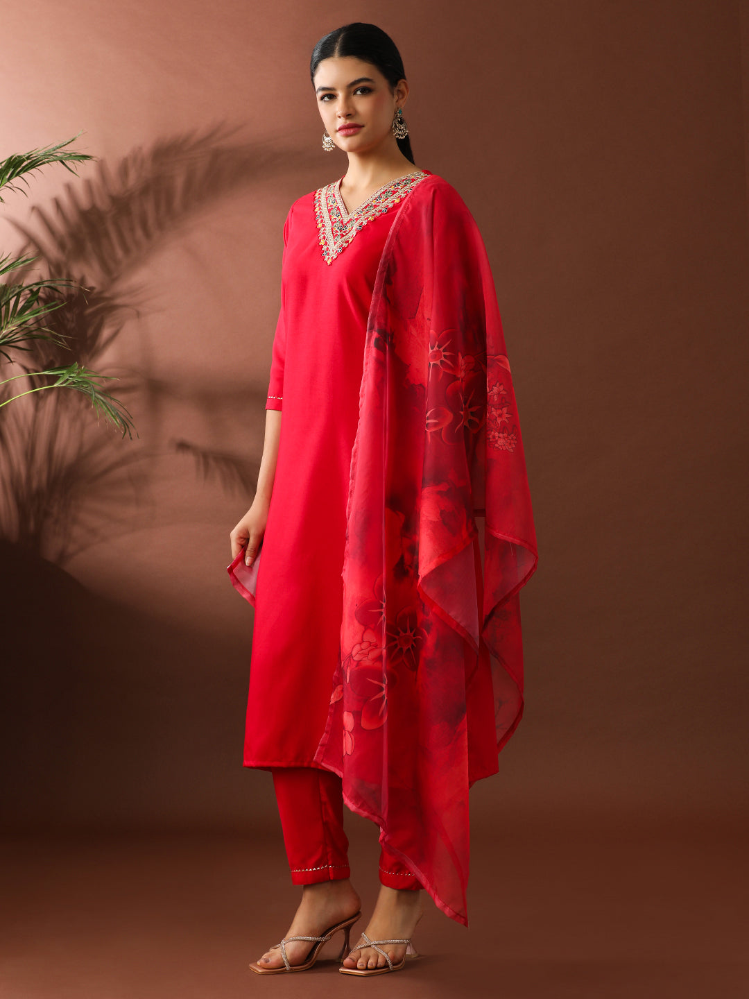 Solid Embroidered Straight Kurta & Trousers Sets