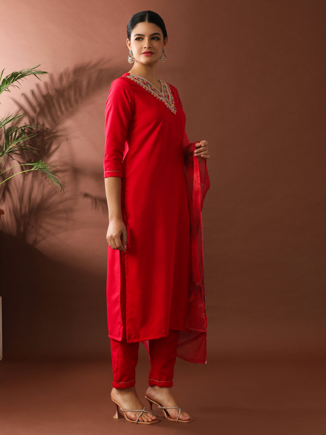 Solid Embroidered Straight Kurta & Trousers Sets