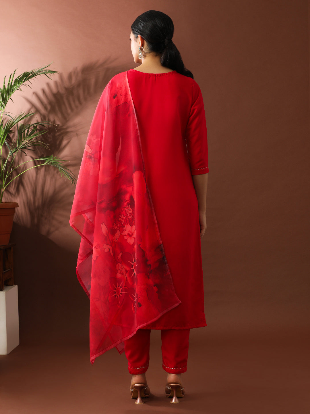 Solid Embroidered Straight Kurta & Trousers Sets