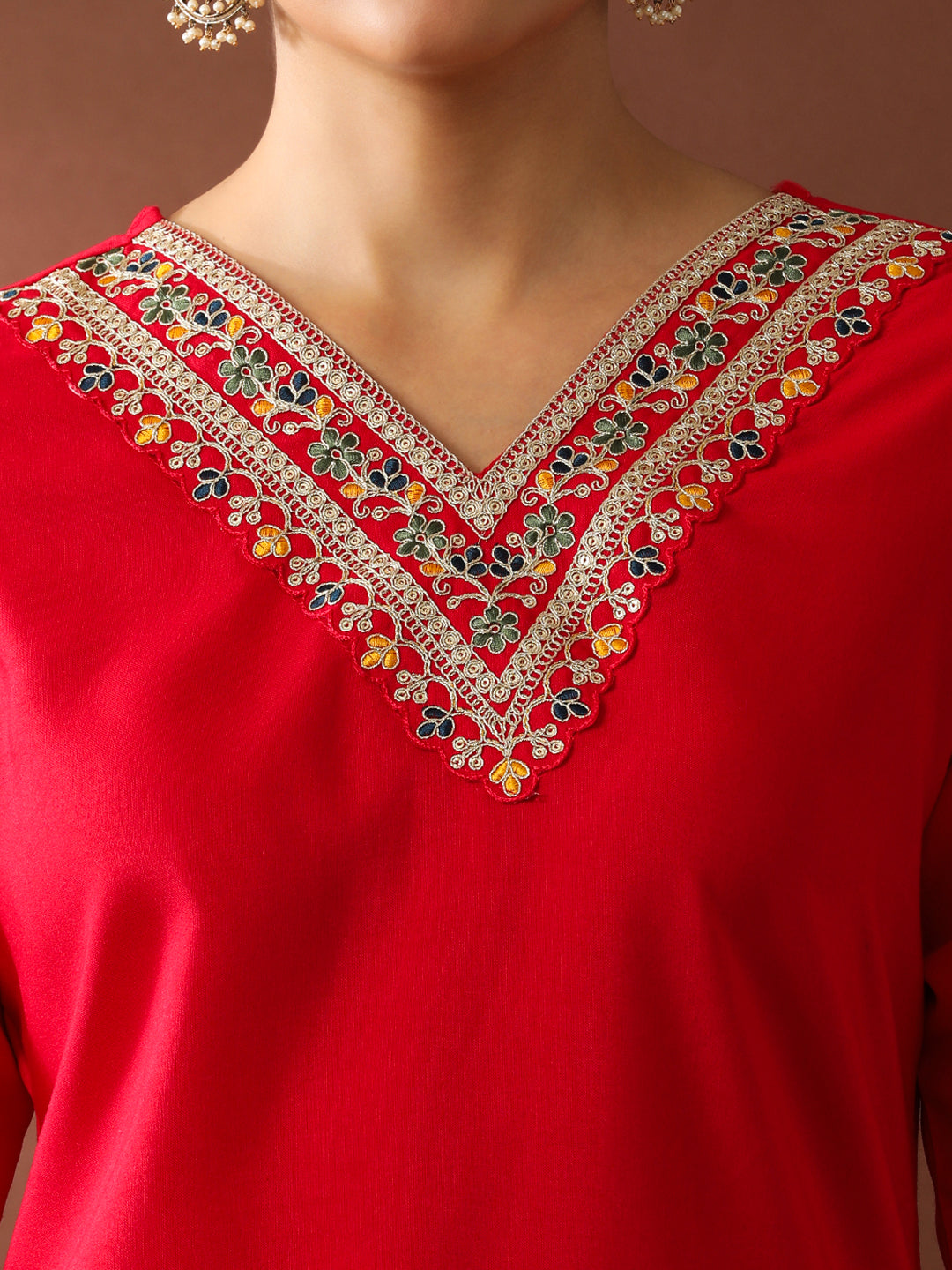 Solid Embroidered Straight Kurta & Trousers Sets