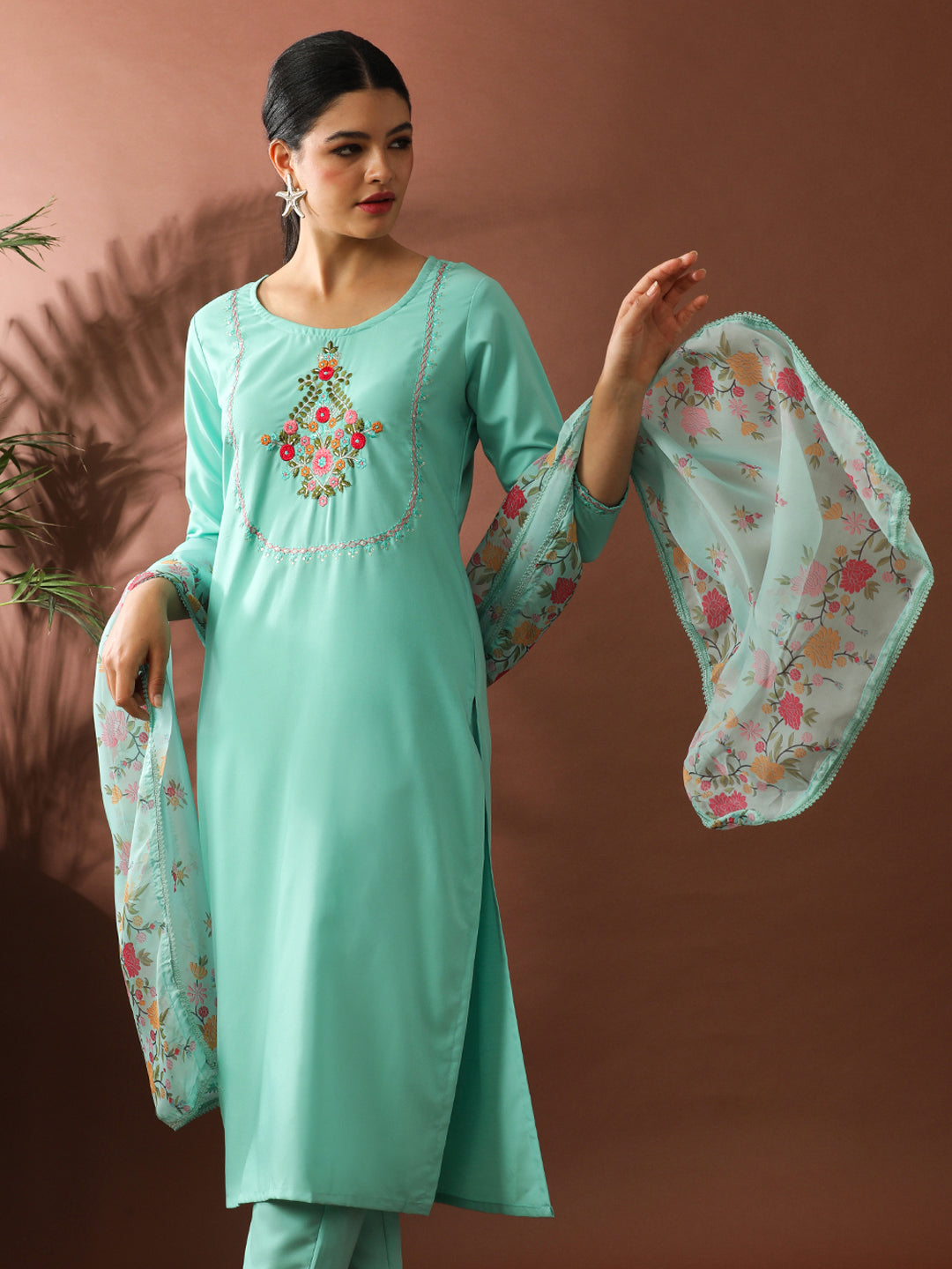 Floral Embroidered Straight Kurta & Trousers Sets