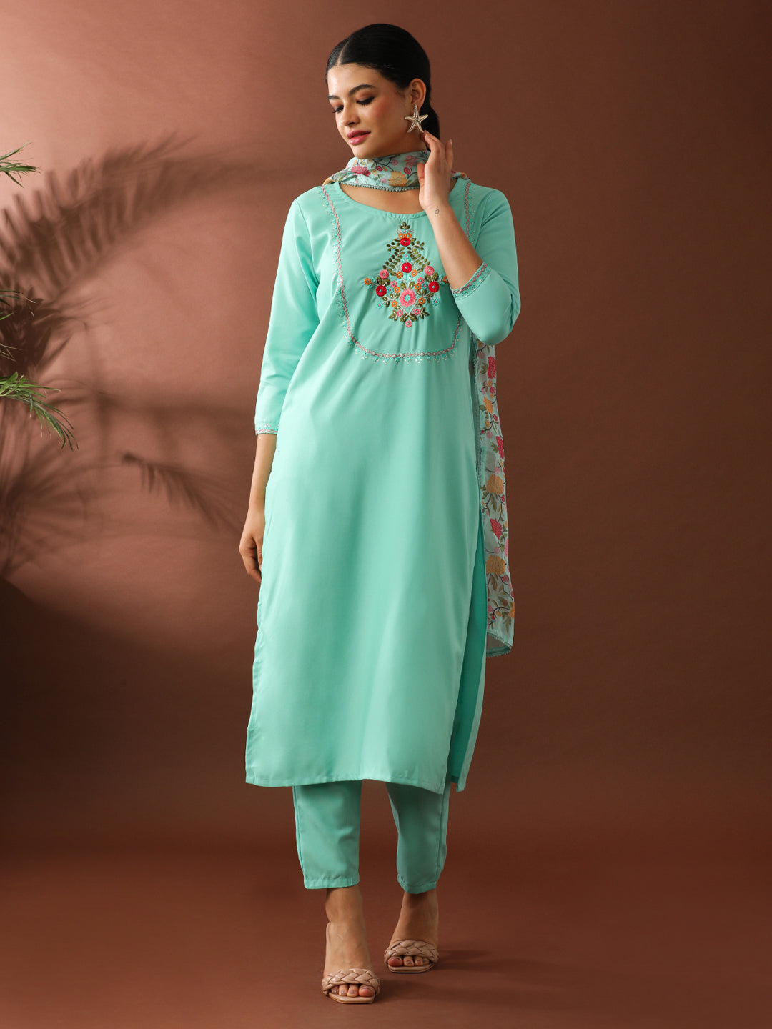 Floral Embroidered Straight Kurta & Trousers Sets