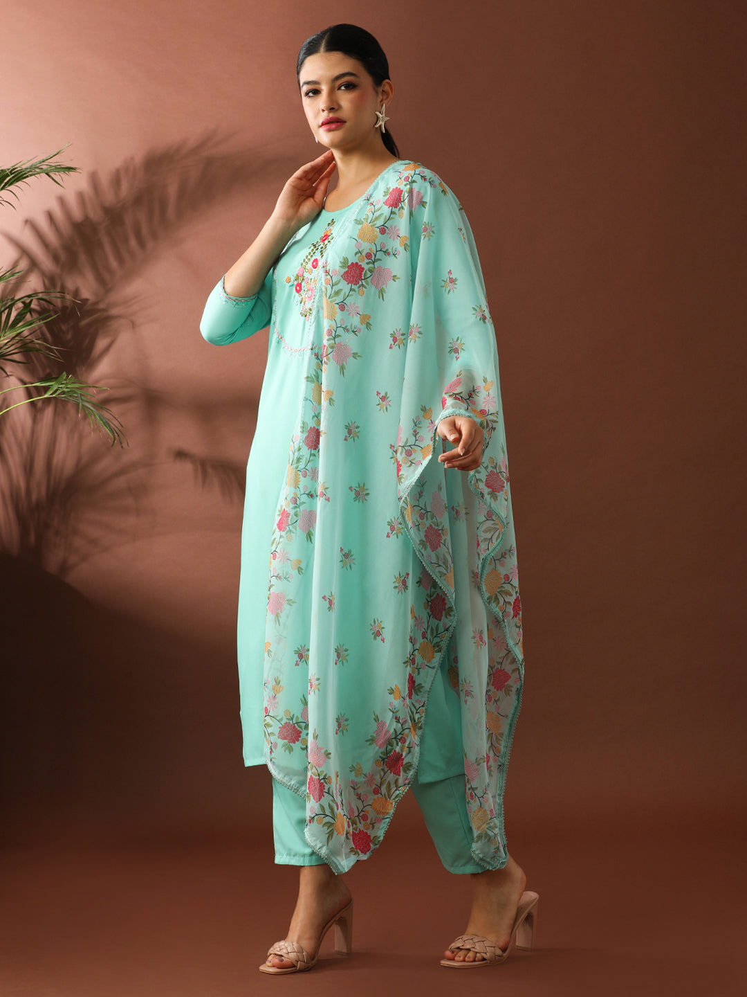 Floral Embroidered Straight Kurta & Trousers Sets