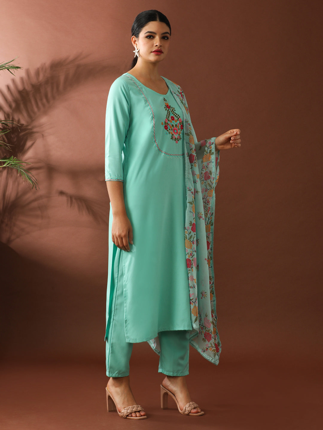 Floral Embroidered Straight Kurta & Trousers Sets