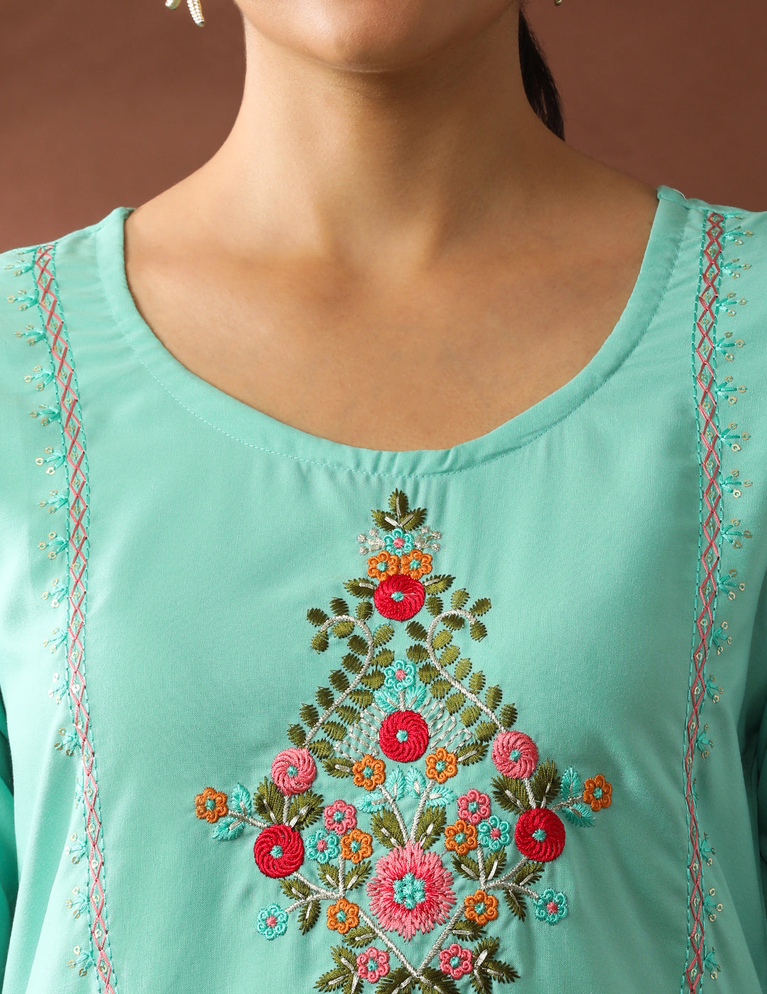 Floral Embroidered Straight Kurta & Trousers Sets