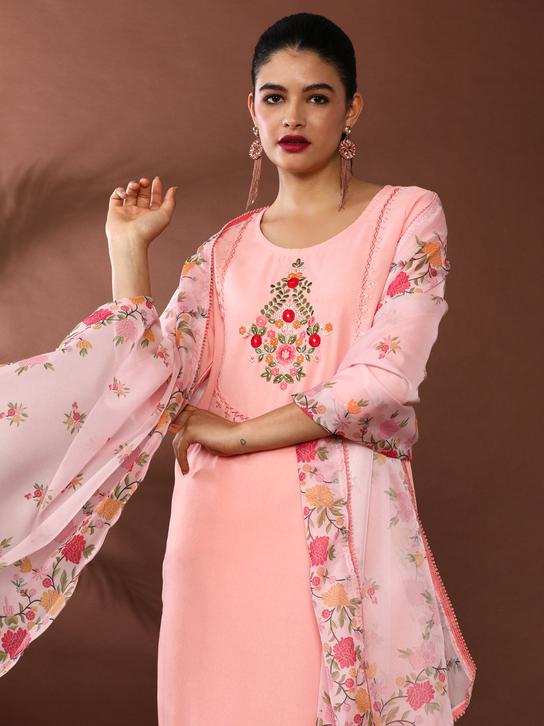 Floral Embroidered Straight Viscose Rayon Kurta & Trousers Sets