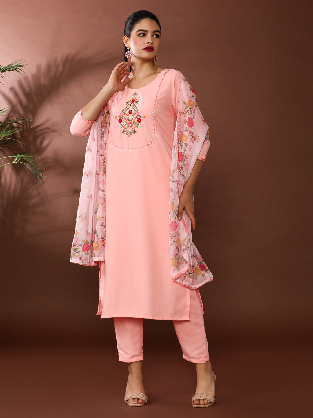 Floral Embroidered Straight Viscose Rayon Kurta & Trousers Sets