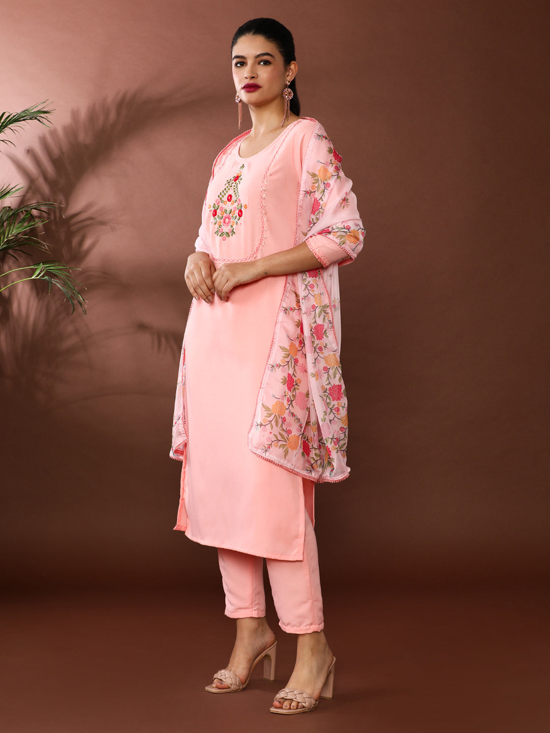 Floral Embroidered Straight Viscose Rayon Kurta & Trousers Sets