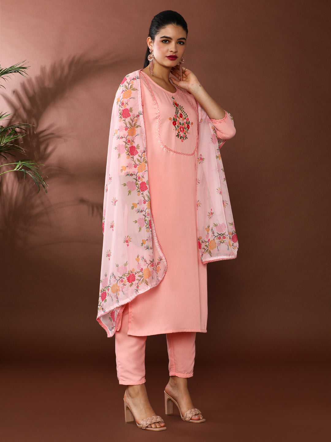 Floral Embroidered Straight Viscose Rayon Kurta & Trousers Sets