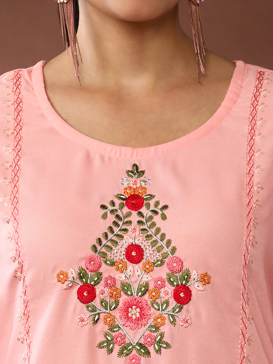 Floral Embroidered Straight Viscose Rayon Kurta & Trousers Sets