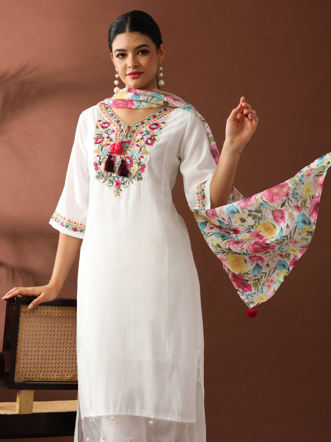 Floral Embroidered Straight Chanderi Cotton Kurta & Trousers Sets