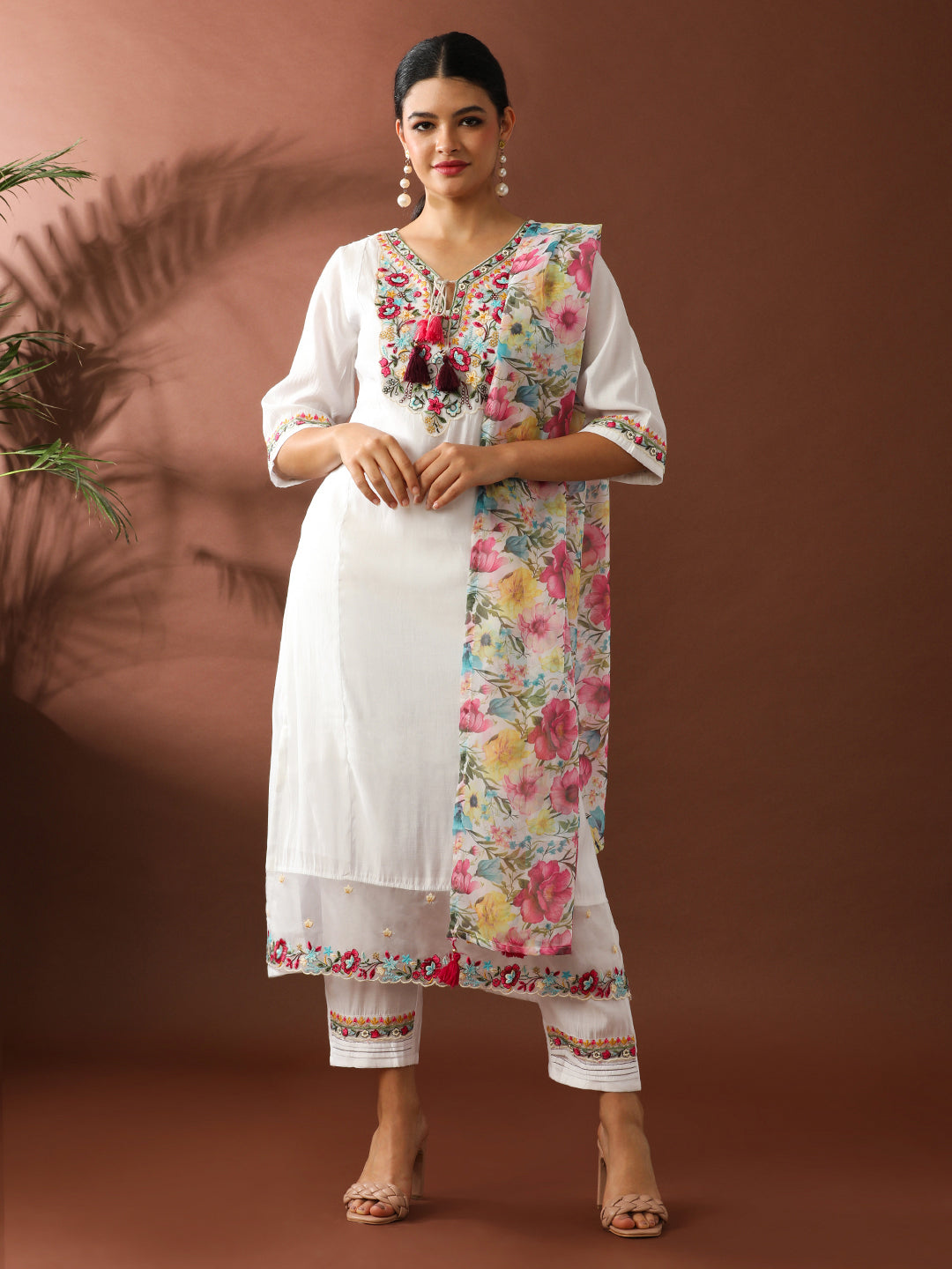 Floral Embroidered Straight Chanderi Cotton Kurta & Trousers Sets