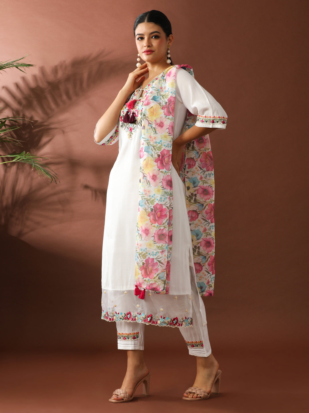 Floral Embroidered Straight Chanderi Cotton Kurta & Trousers Sets