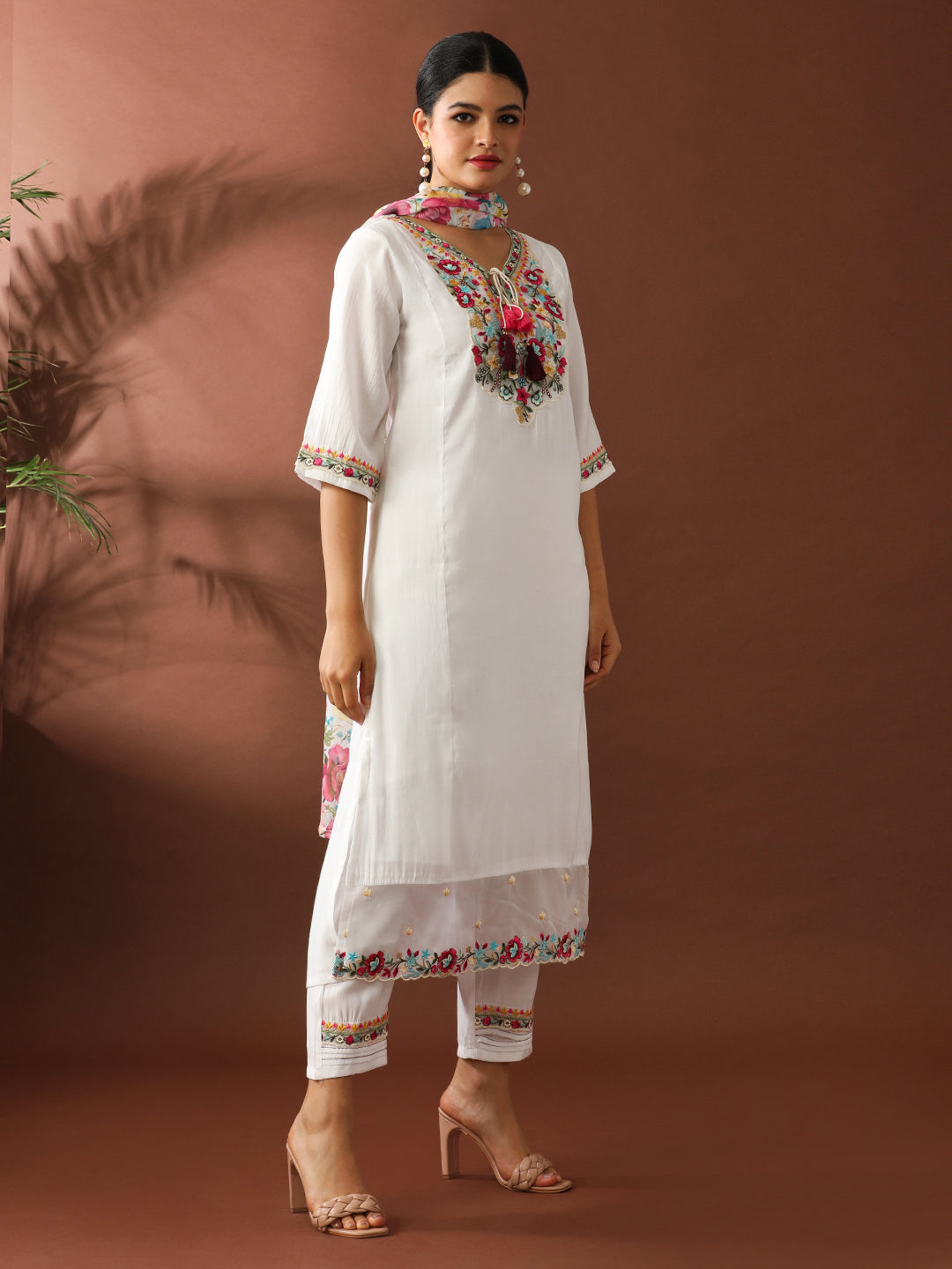 Floral Embroidered Straight Chanderi Cotton Kurta & Trousers Sets