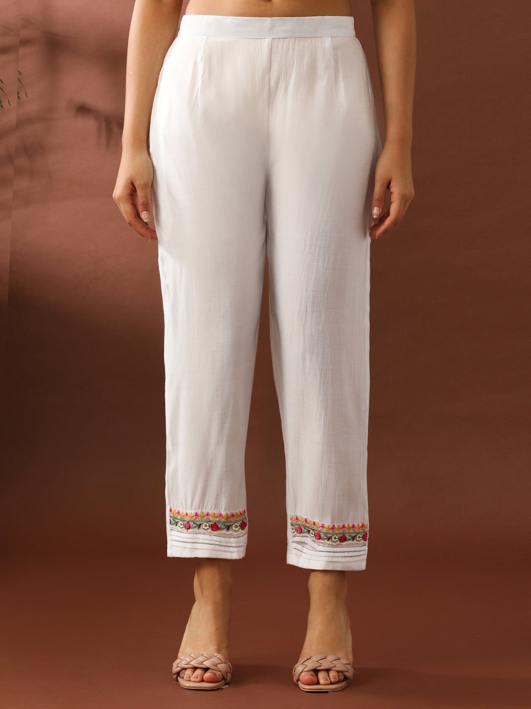 Floral Embroidered Straight Chanderi Cotton Kurta & Trousers Sets