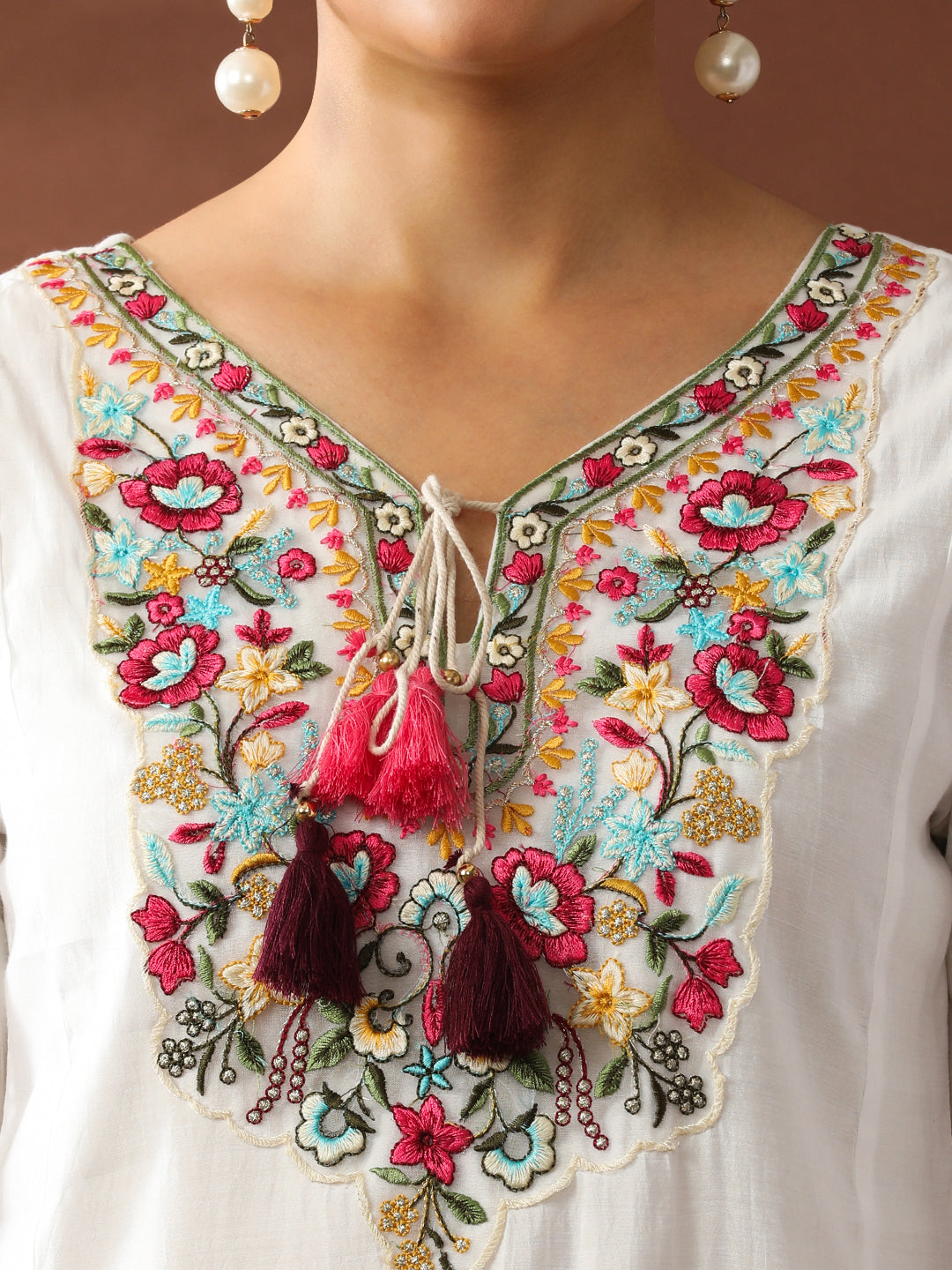 Floral Embroidered Straight Chanderi Cotton Kurta & Trousers Sets