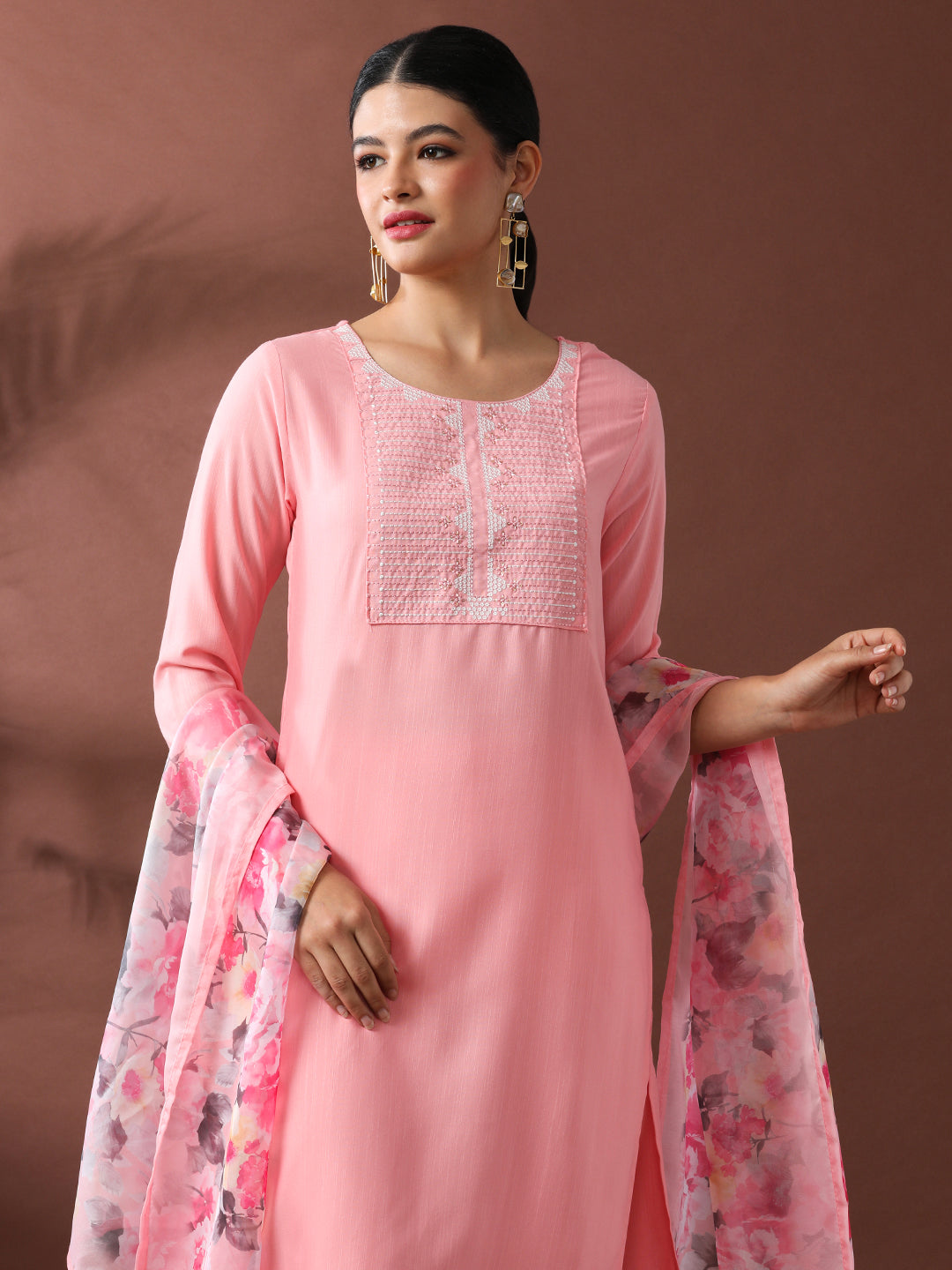 Floral Embroidered Straight Kurta & Trousers Sets