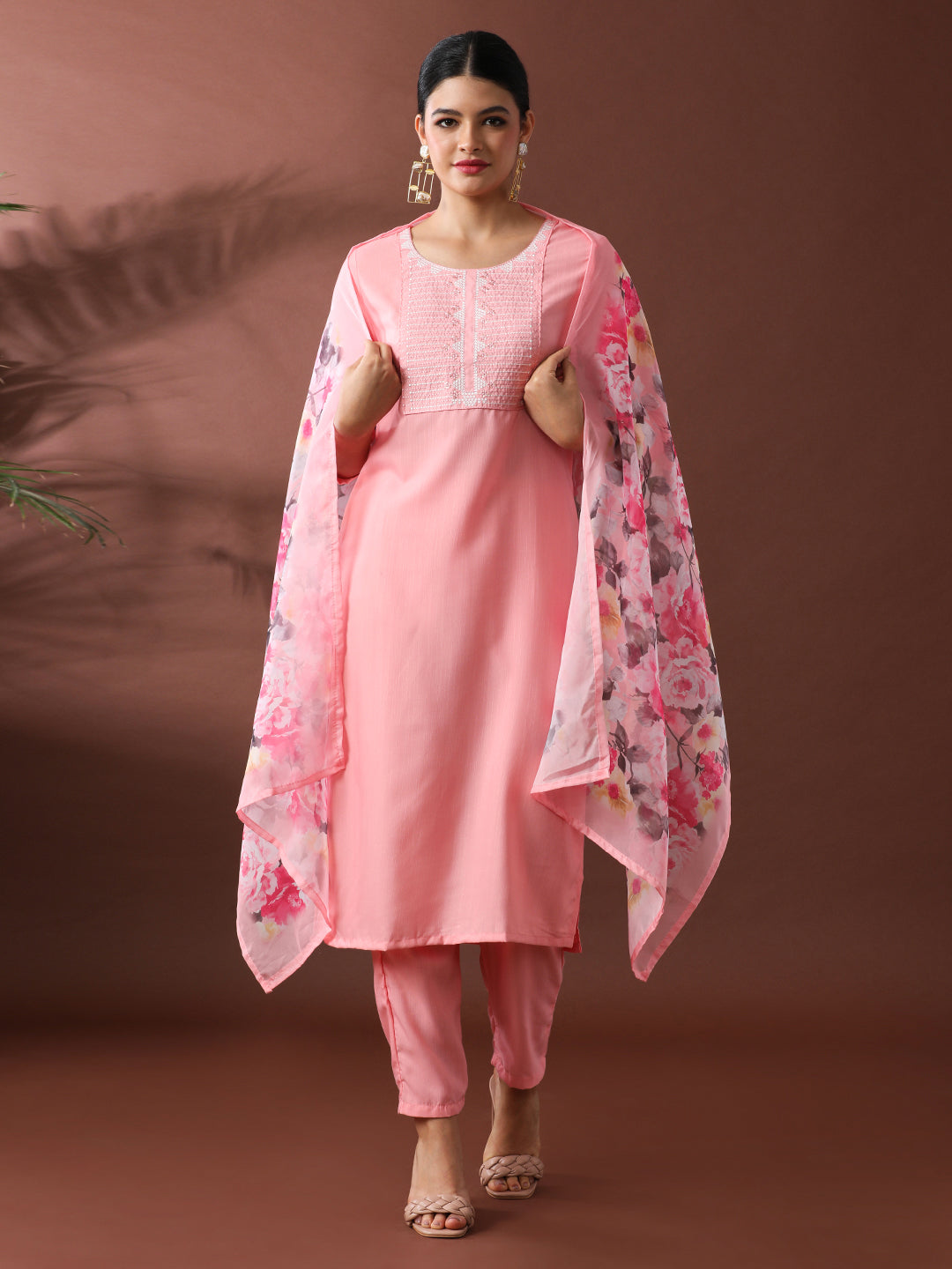 Floral Embroidered Straight Kurta & Trousers Sets