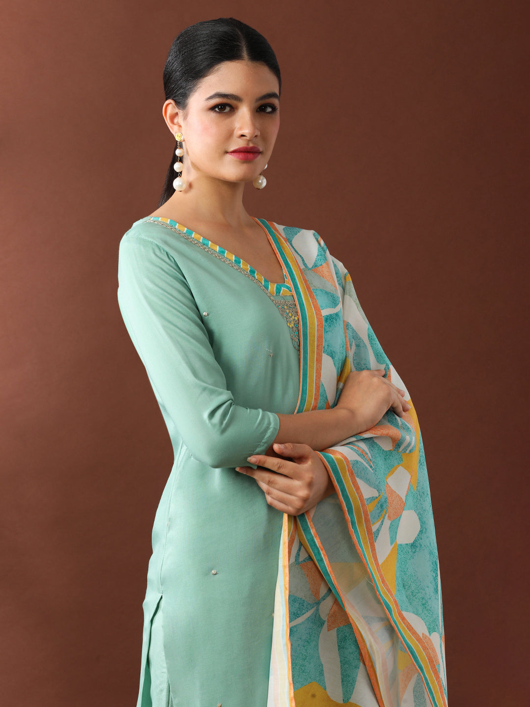 Floral Embroidered Straight Kurta & Trousers Sets