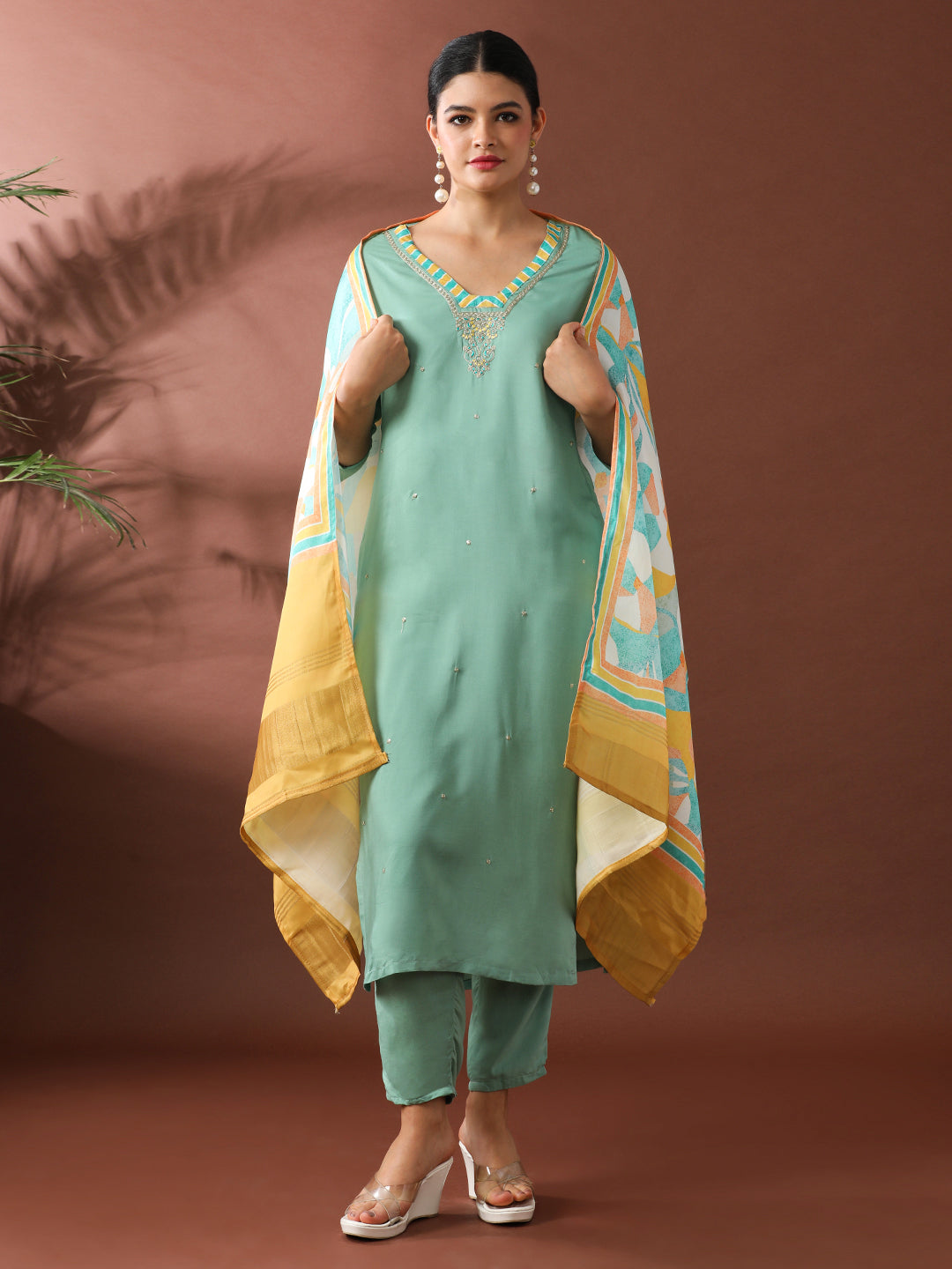 Floral Embroidered Straight Kurta & Trousers Sets
