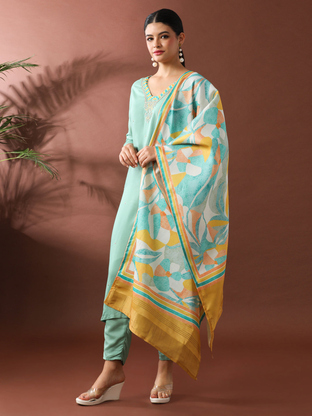 Floral Embroidered Straight Kurta & Trousers Sets