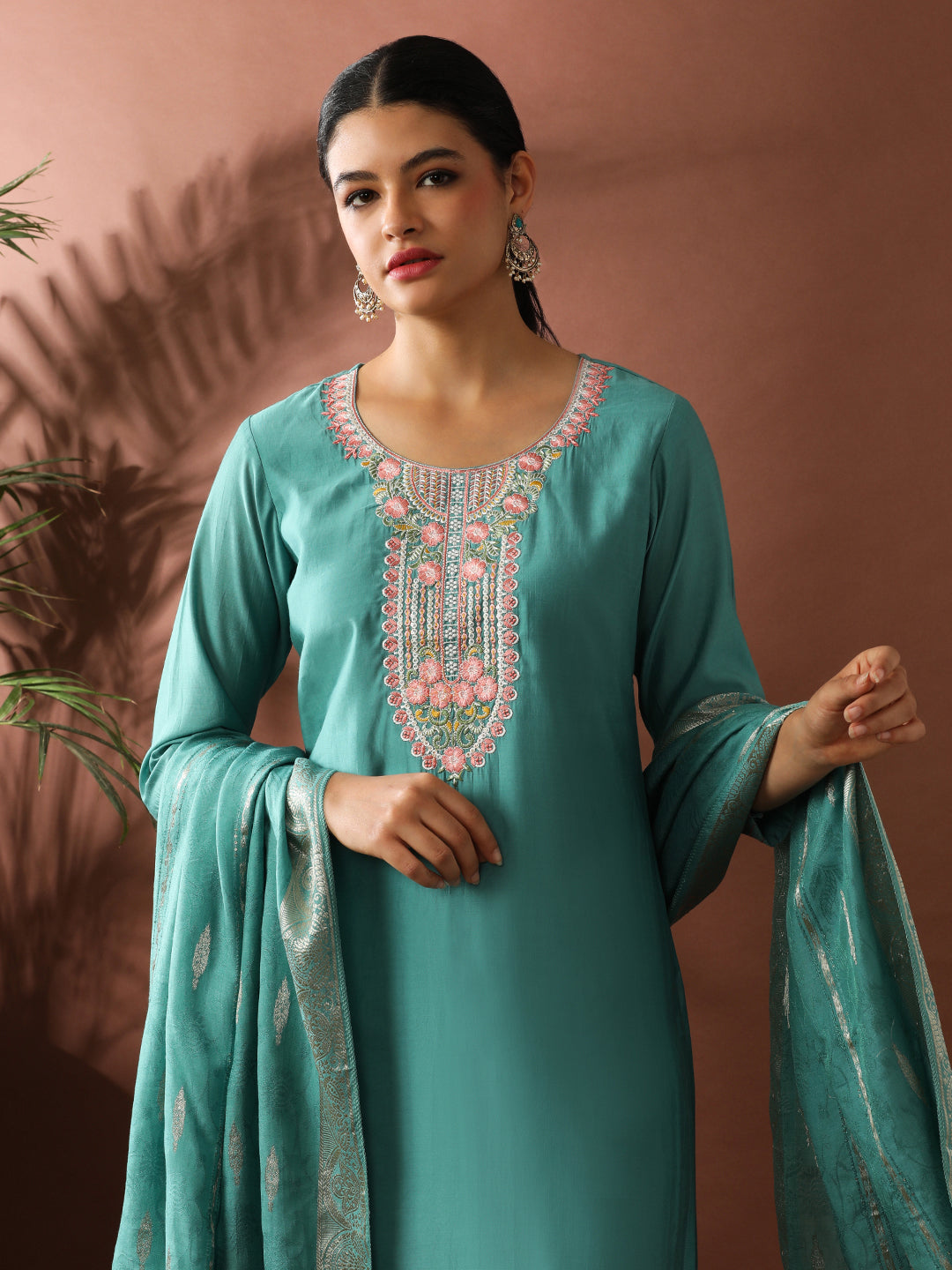 Floral Embroidered Straight Chanderi Cotton Kurta & Trousers Sets