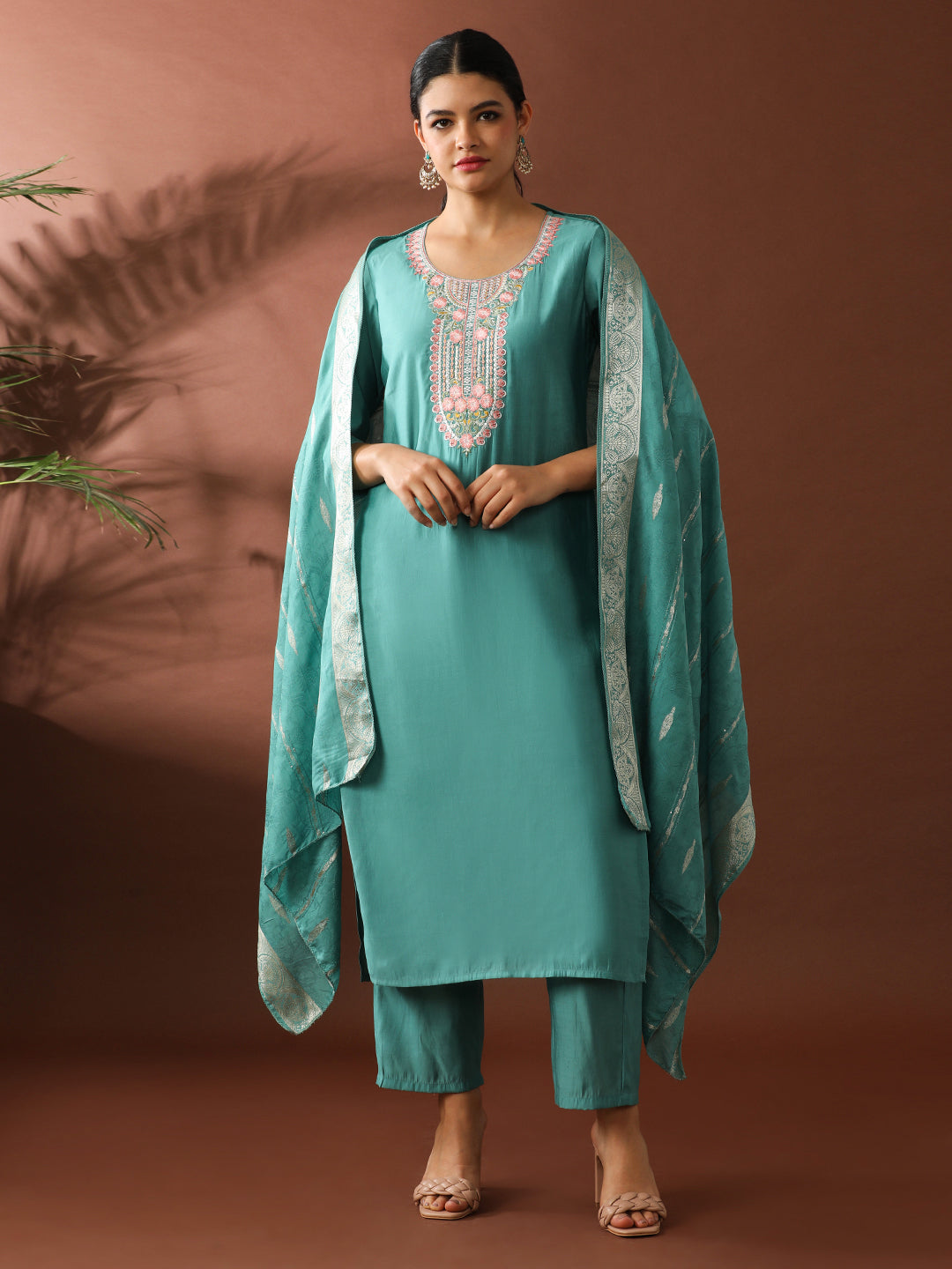 Floral Embroidered Straight Chanderi Cotton Kurta & Trousers Sets