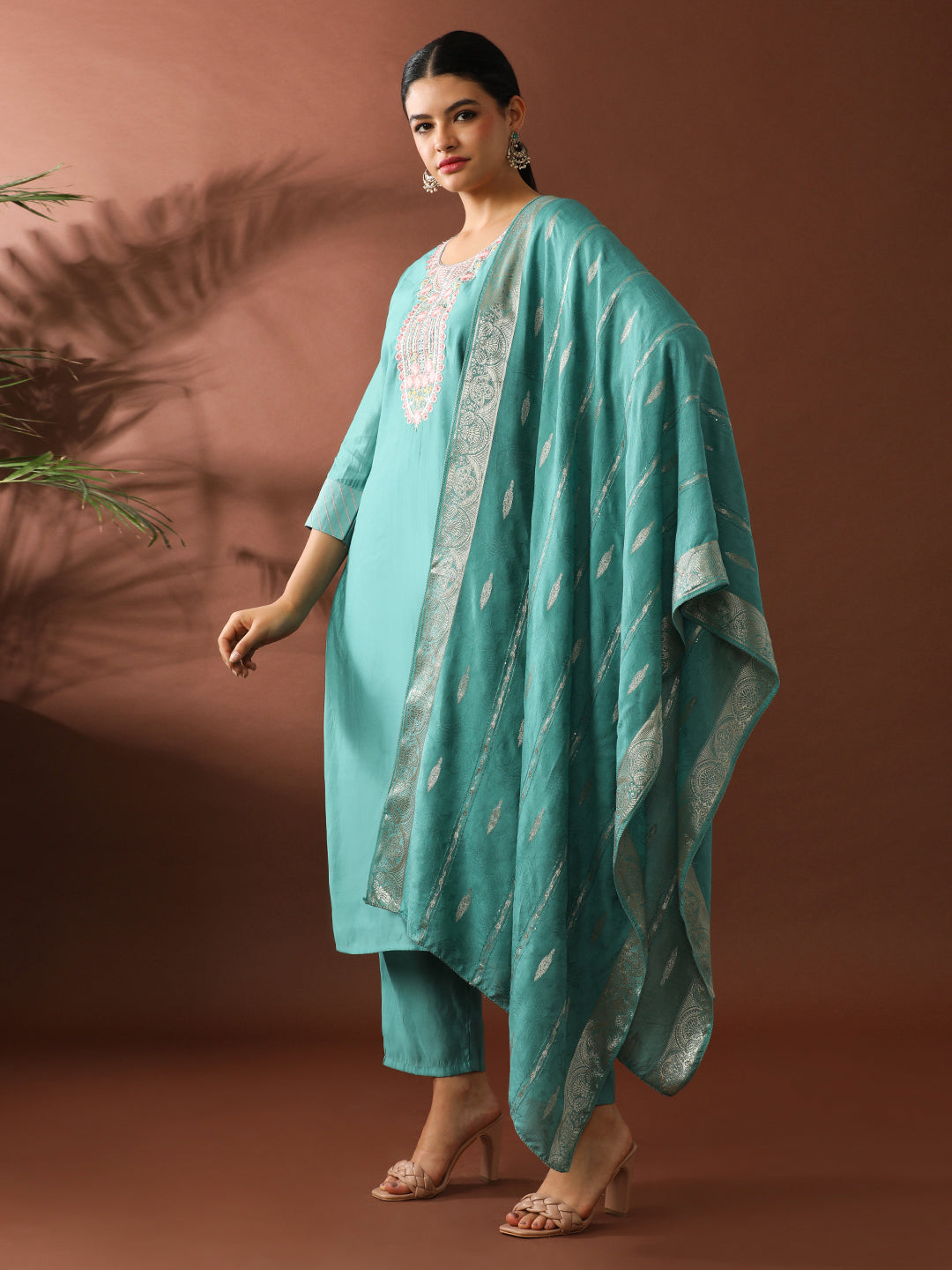 Floral Embroidered Straight Chanderi Cotton Kurta & Trousers Sets